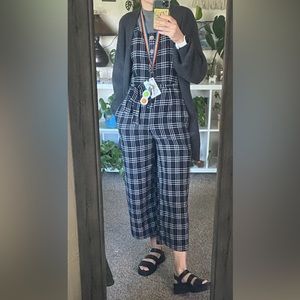 AE Plaid Button Front Jumpsuit Black White